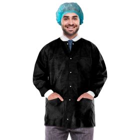 Disposable Lab Jackets, 32" Long. Pack of 100 Black Hip-Length Work Gowns X-Large. SMS 50 gsm Shirts with Snaps Front, Knit Cuffs & Collar